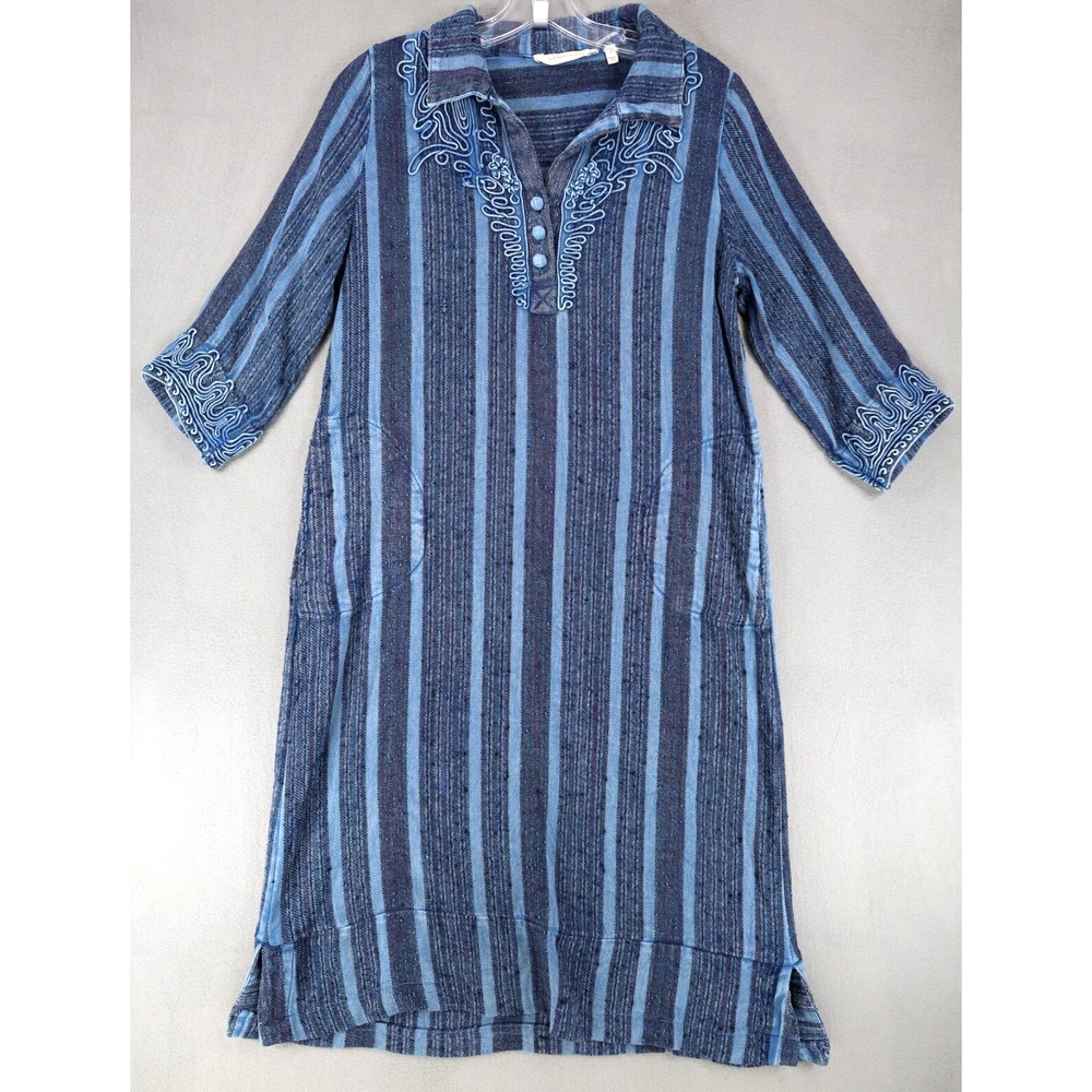 Soft Surroundings‎ Women's Striped Embroidered Lagenlook Bohemian Kaftan PS Blue